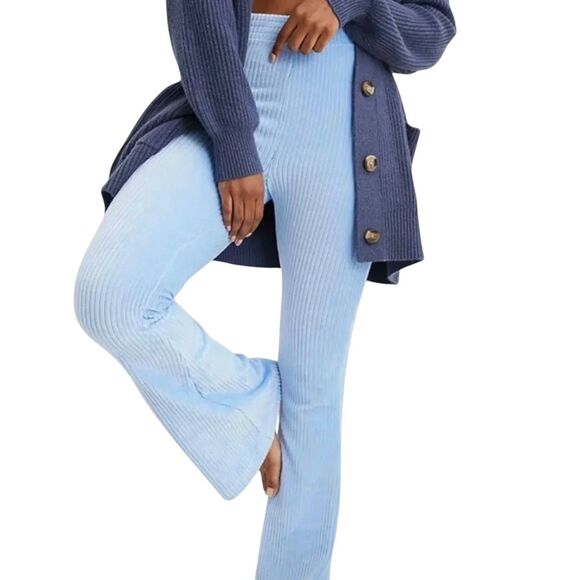 Aerie Pants - Aerie Groove On Velour Ribbed Flare Pants High Waist Blue S